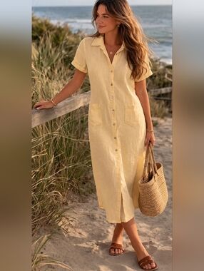 Casual Corner Annex Petite Linen Button Front Shirt Dress Yellow Size 8P